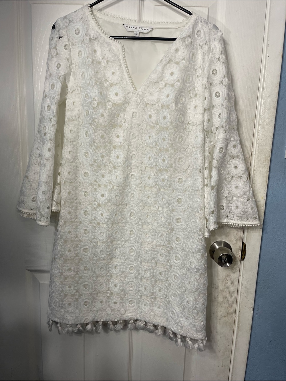 Trina Turk White Lace Long-Sleeve Shift Dress